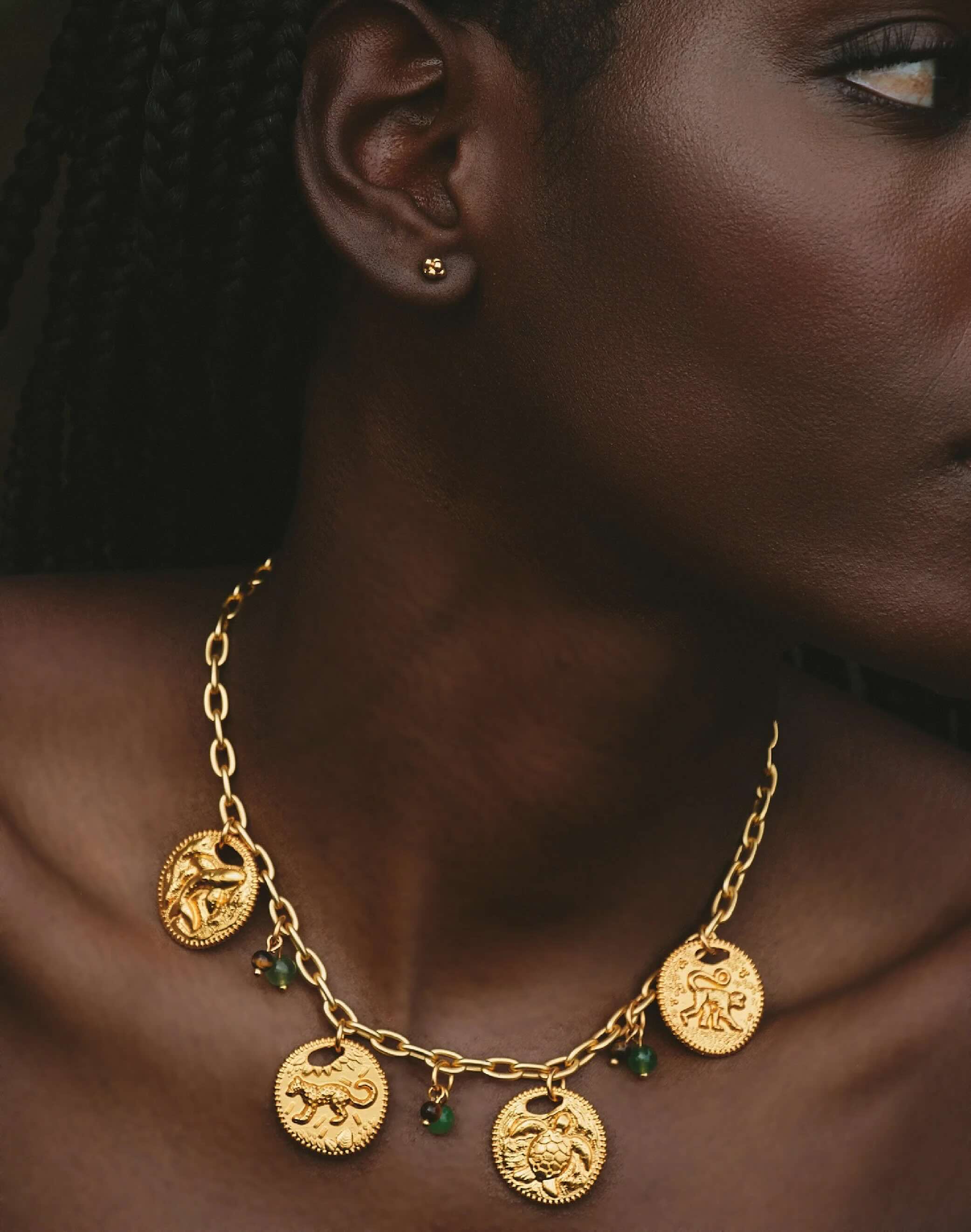 Maximalist necklace set with jaguar, whale shark, turtle, and tamarin charms, 24k gold plated