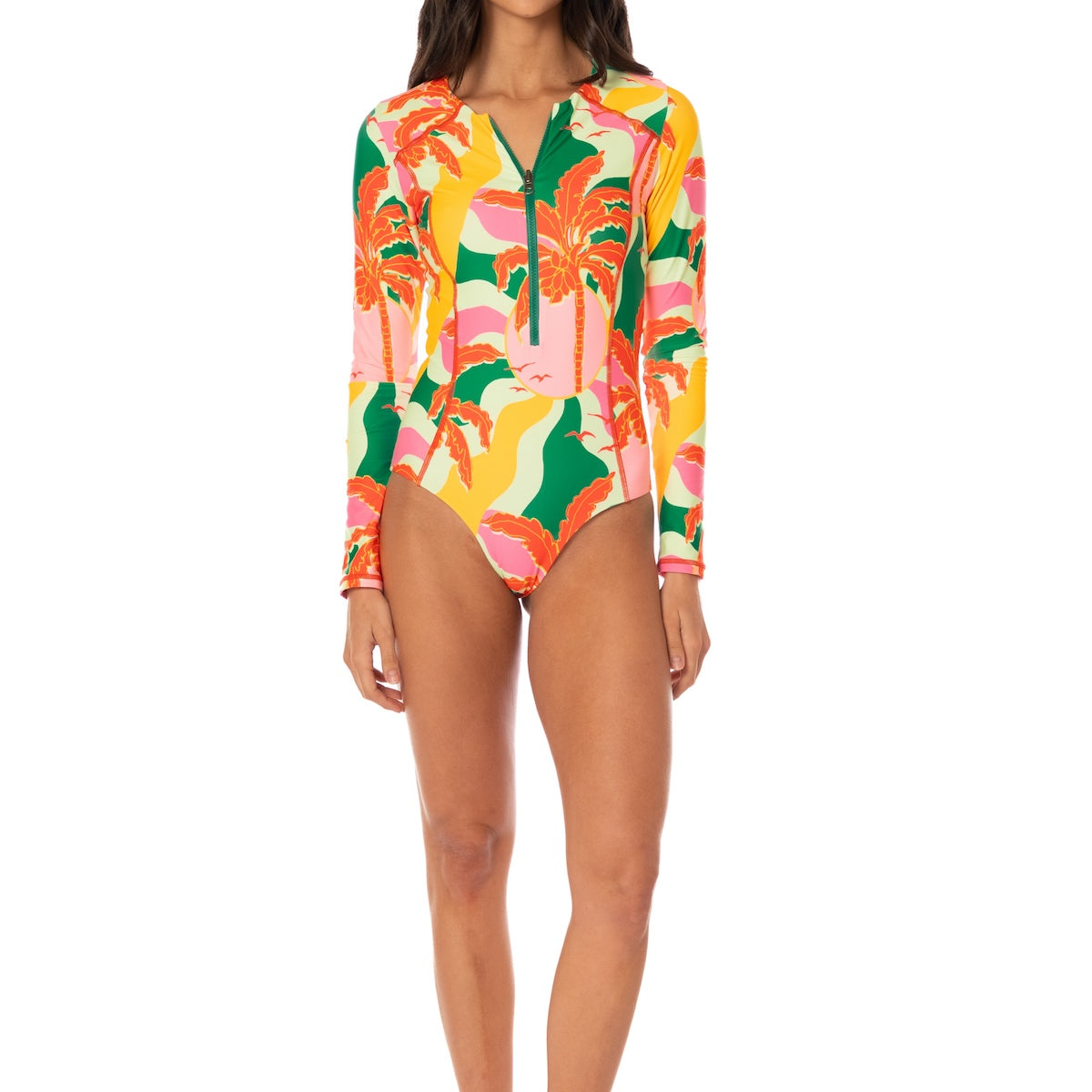 Woman wearing a colorful floral swimsuit on a white background.