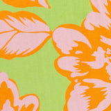 Close-up of floral pattern with orange and pink flowers on a green background.
