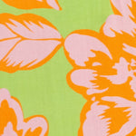 Close-up of floral pattern with orange and pink flowers on a green background
