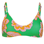 Colorful bikini top with floral pattern on a white background.