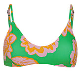 Colorful bikini top with floral pattern on a white background.
