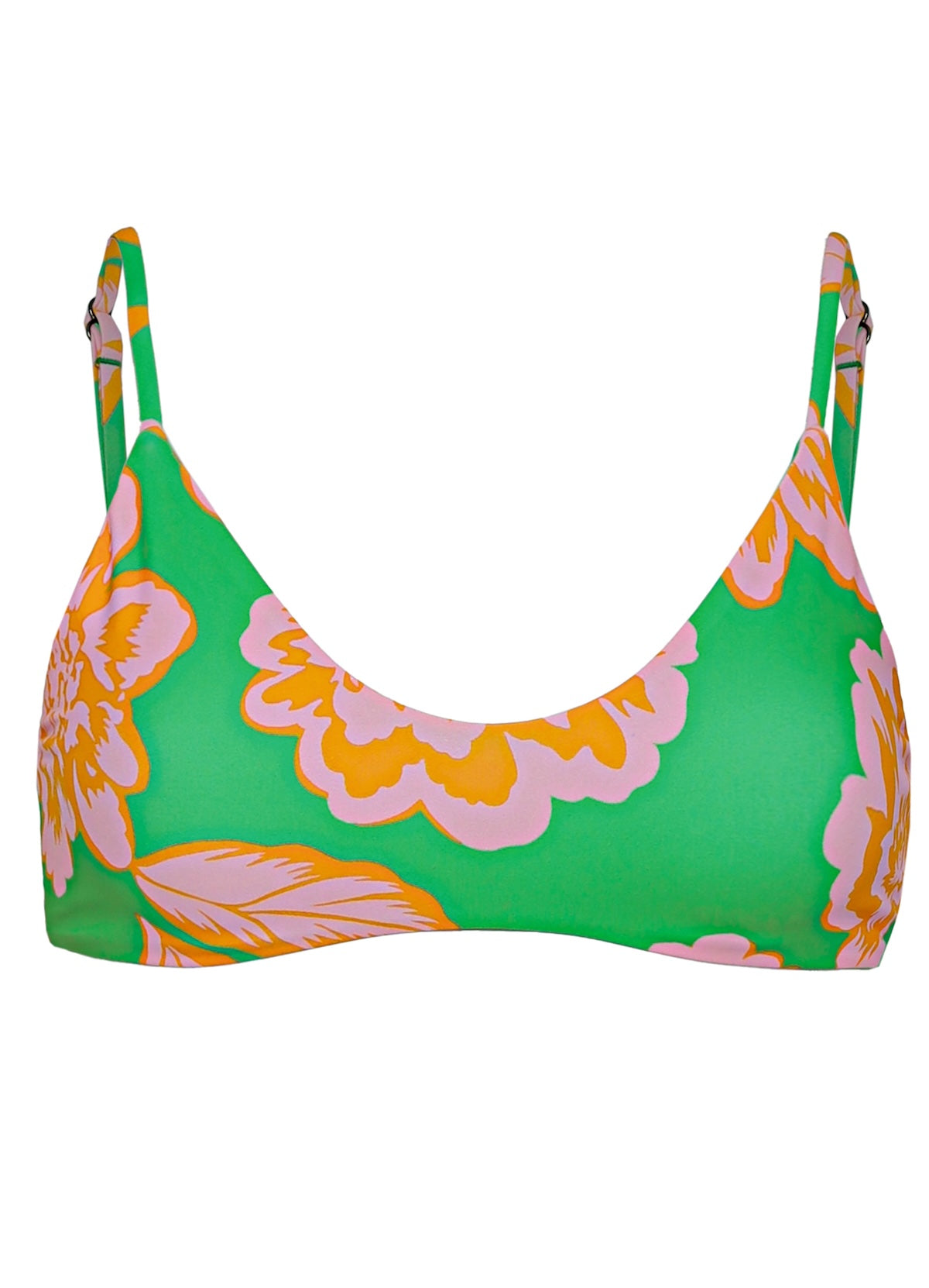 Colorful bikini top with floral pattern on a white background.