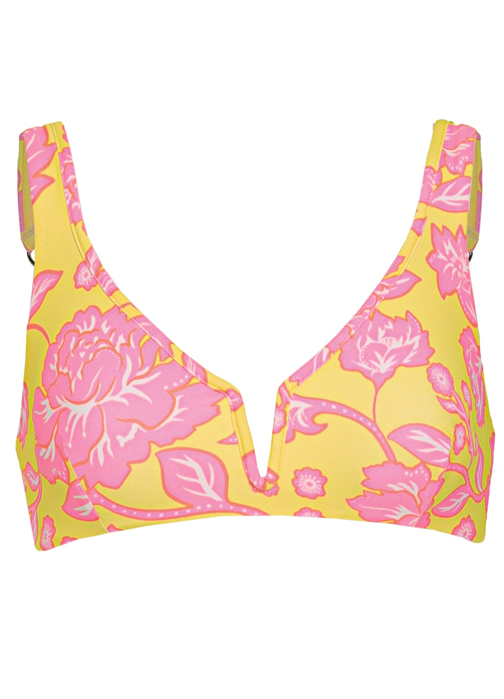 Yellow bikini top with pink floral pattern on a white background.