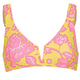 Yellow bikini top with pink floral pattern on a white background.