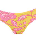 Yellow bikini bottom with pink floral pattern on a white background.