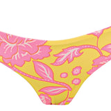 Yellow bikini bottom with pink floral pattern on a white background.