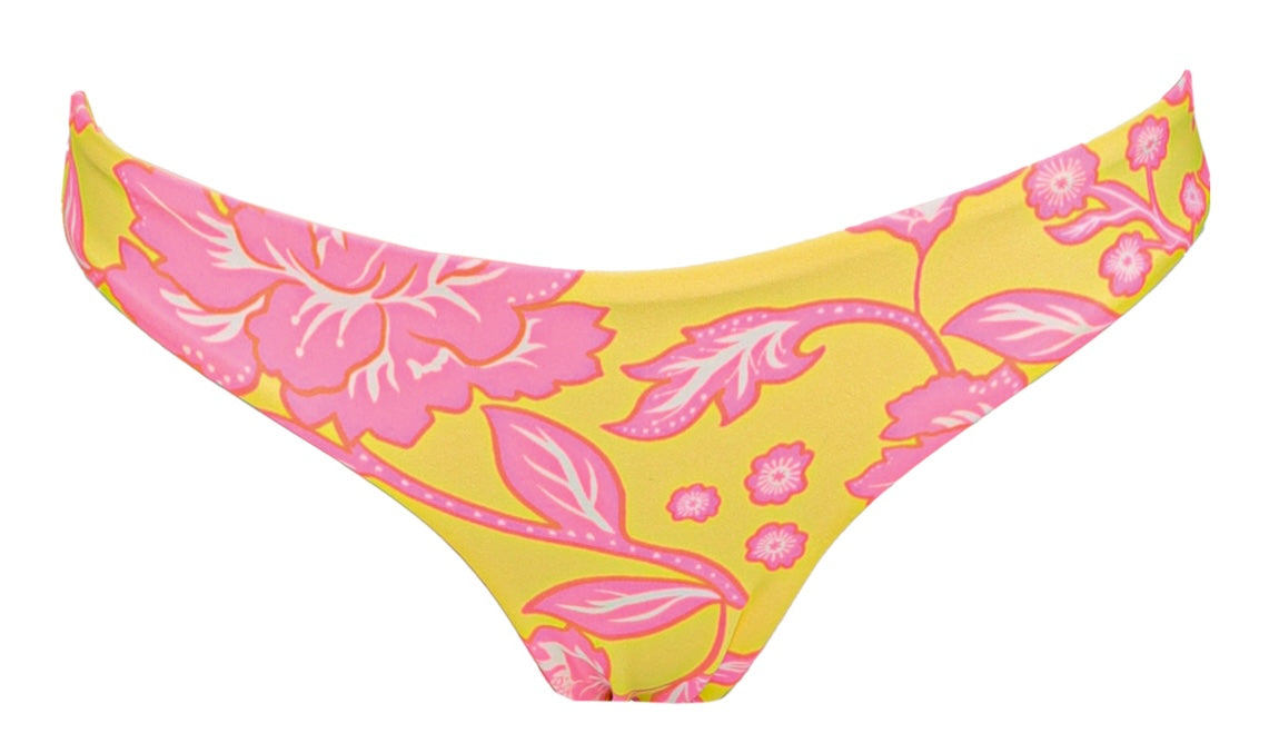 Yellow bikini bottom with pink floral pattern on a white background.