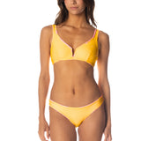 Woman wearing a yellow bikini set on a white background.
