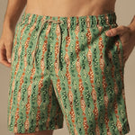 Green and orange fish patterned swim shorts worn by a person on a neutral background.