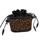 Leopard print drawstring bag with black accents on a white background.