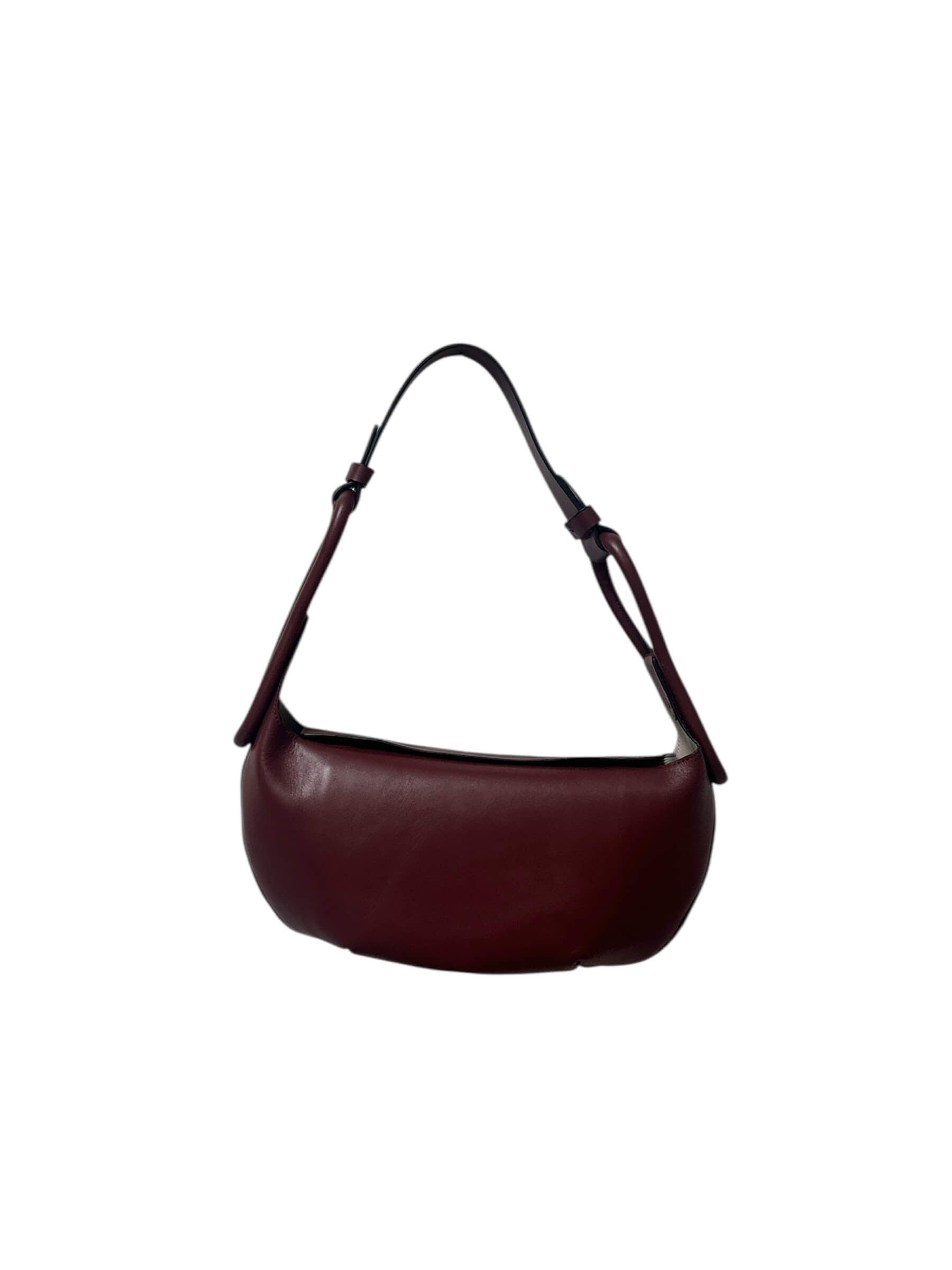 Brown leather handbag on a white background.