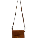 Brown leather crossbody bag on a white background.