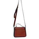 Brown leather crossbody carriel bag with a strap on a white background.