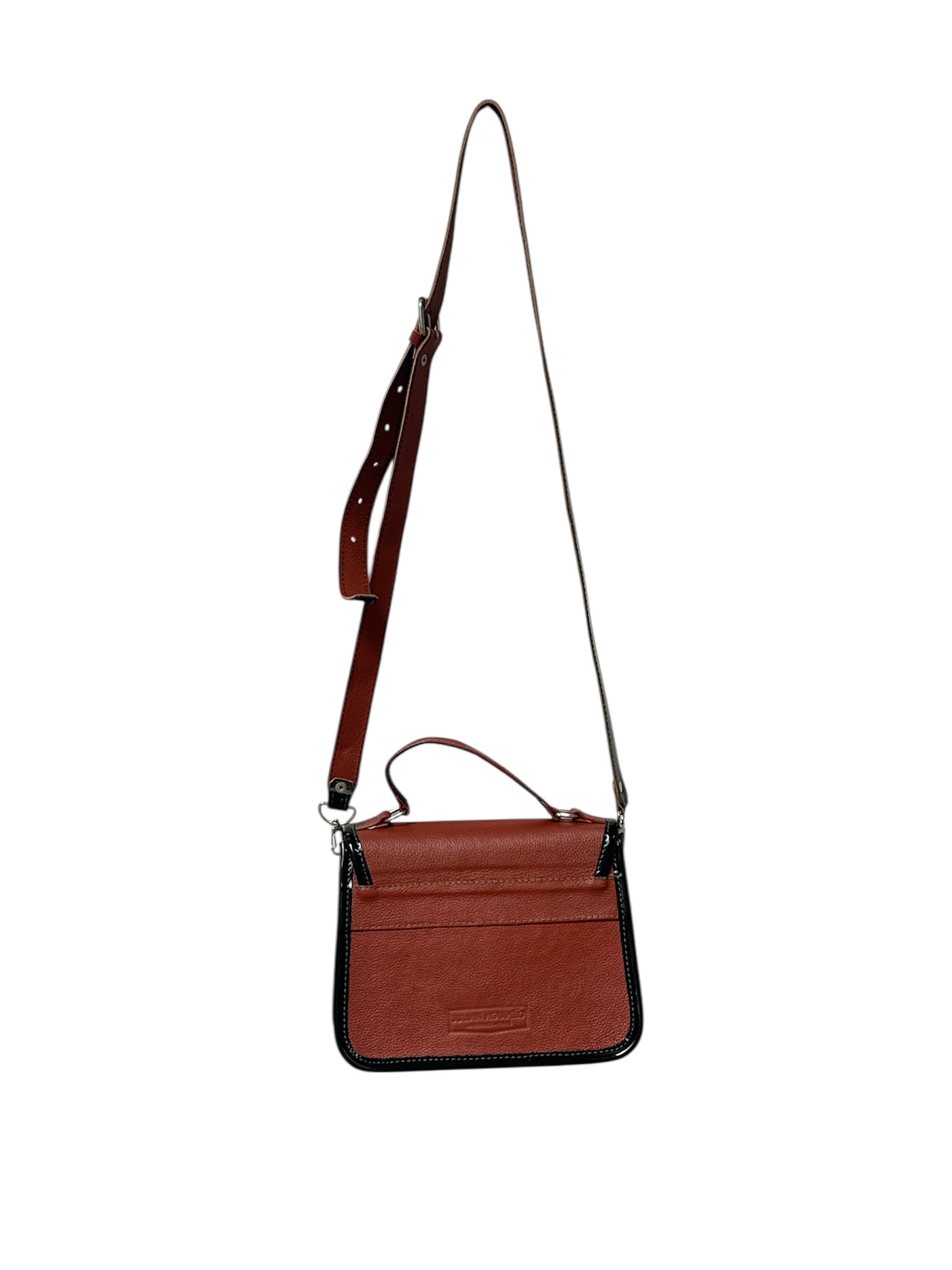 Brown leather crossbody carriel bag with a strap on a white background.