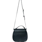 Black carriel crossbody purse with a strap on a white background.