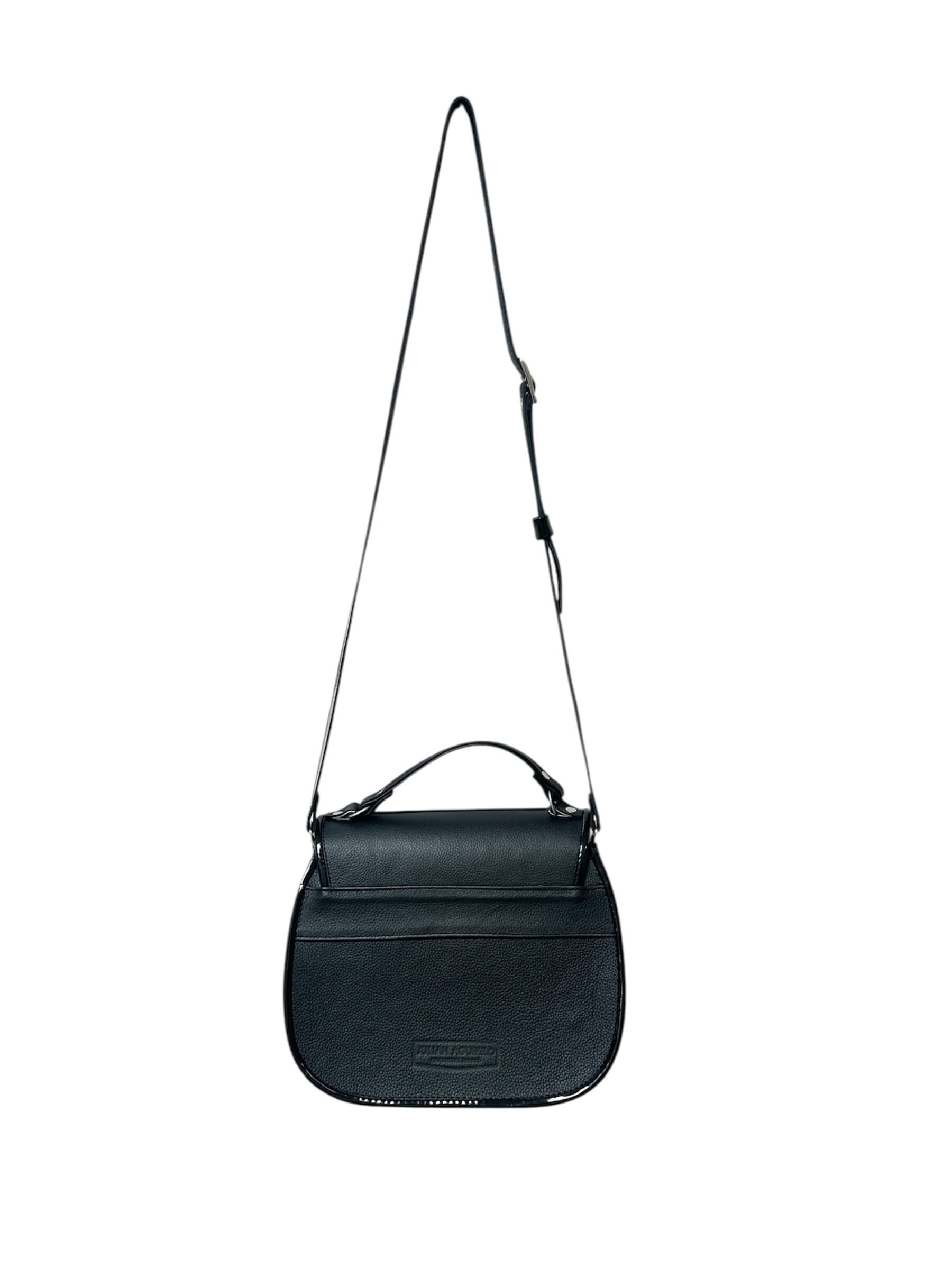 Black carriel crossbody purse with a strap on a white background.