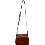 Brown leather crossbody bag on a white background.