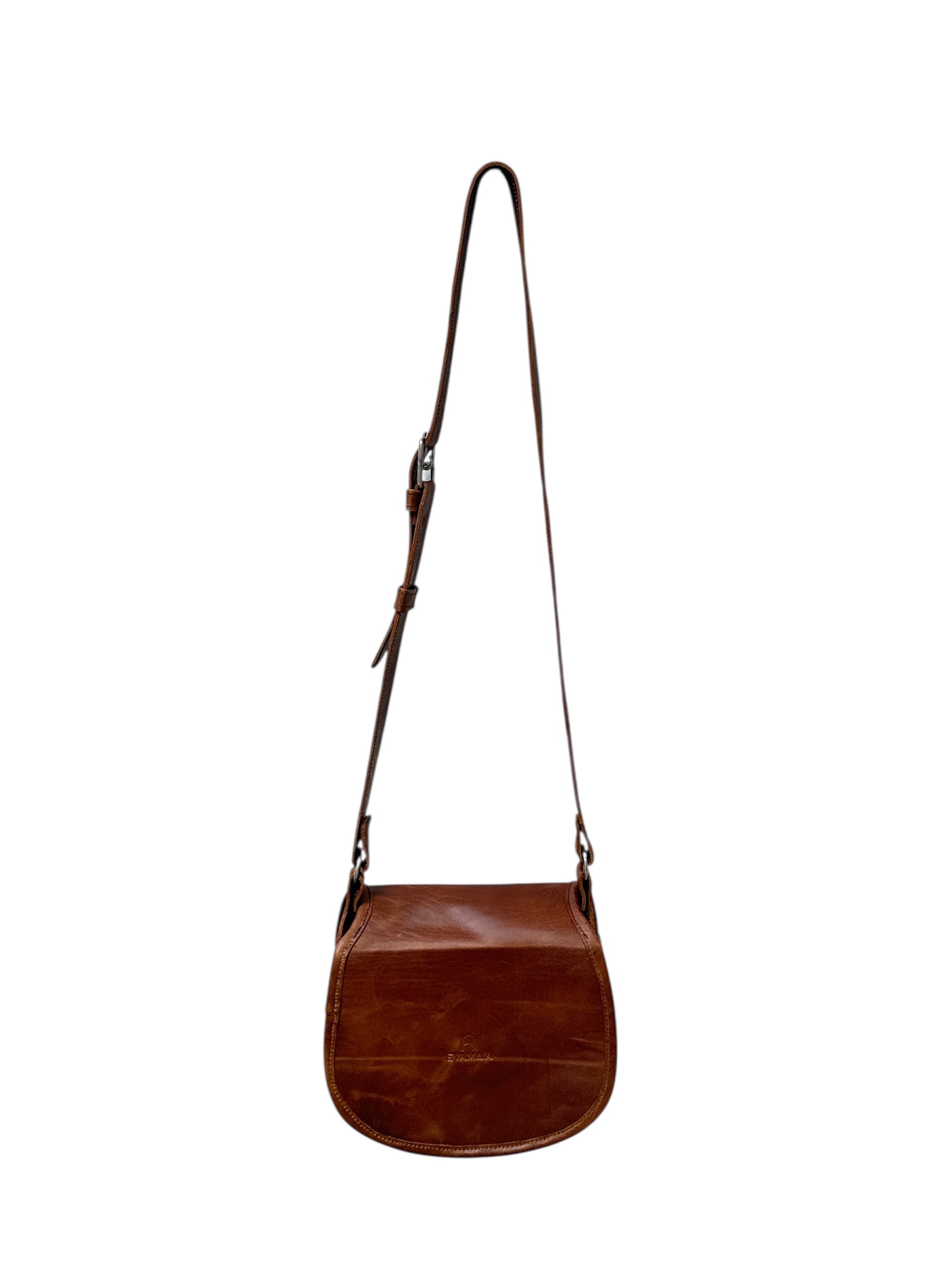 Brown leather crossbody bag on a white background.