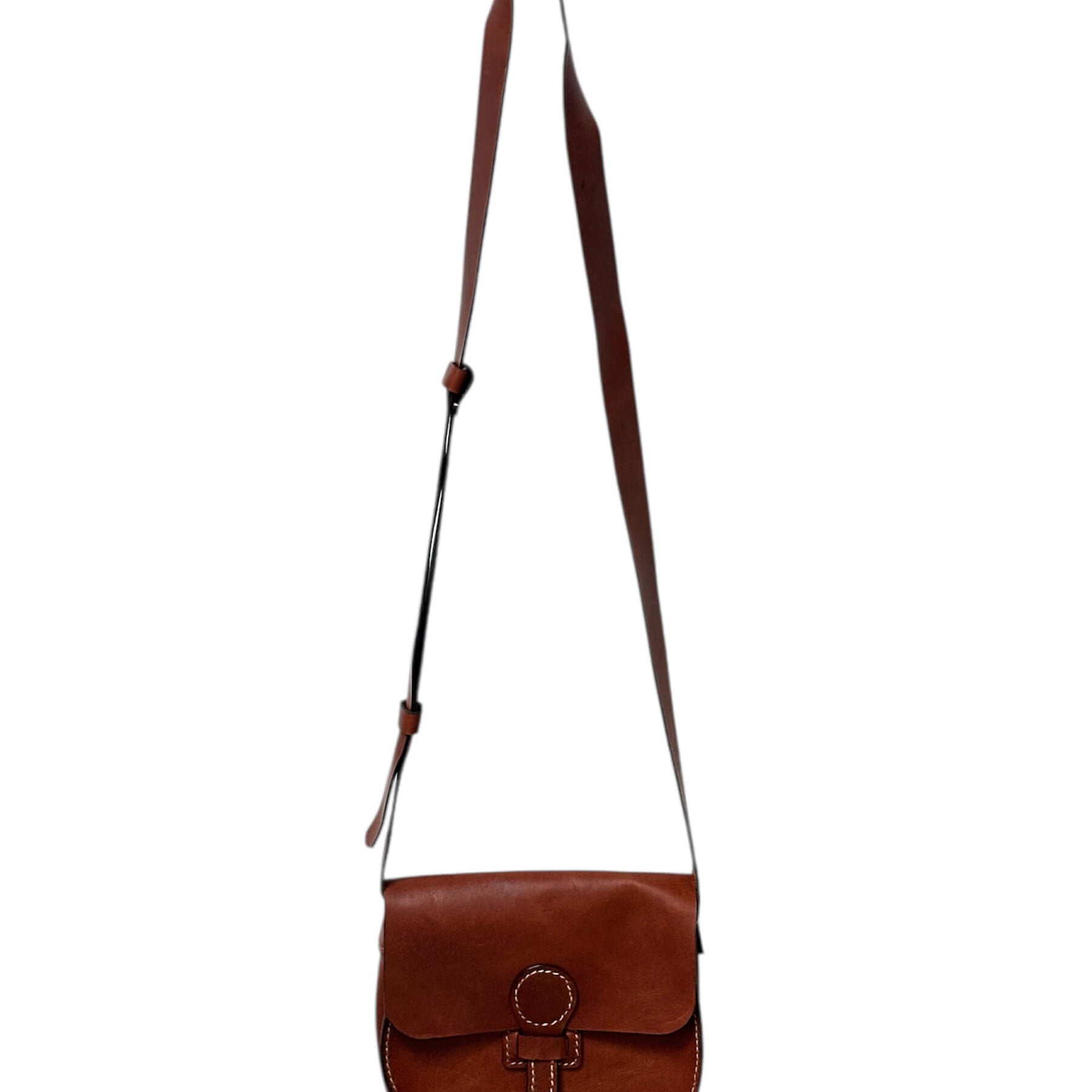 Brown leather crossbody on a white background.