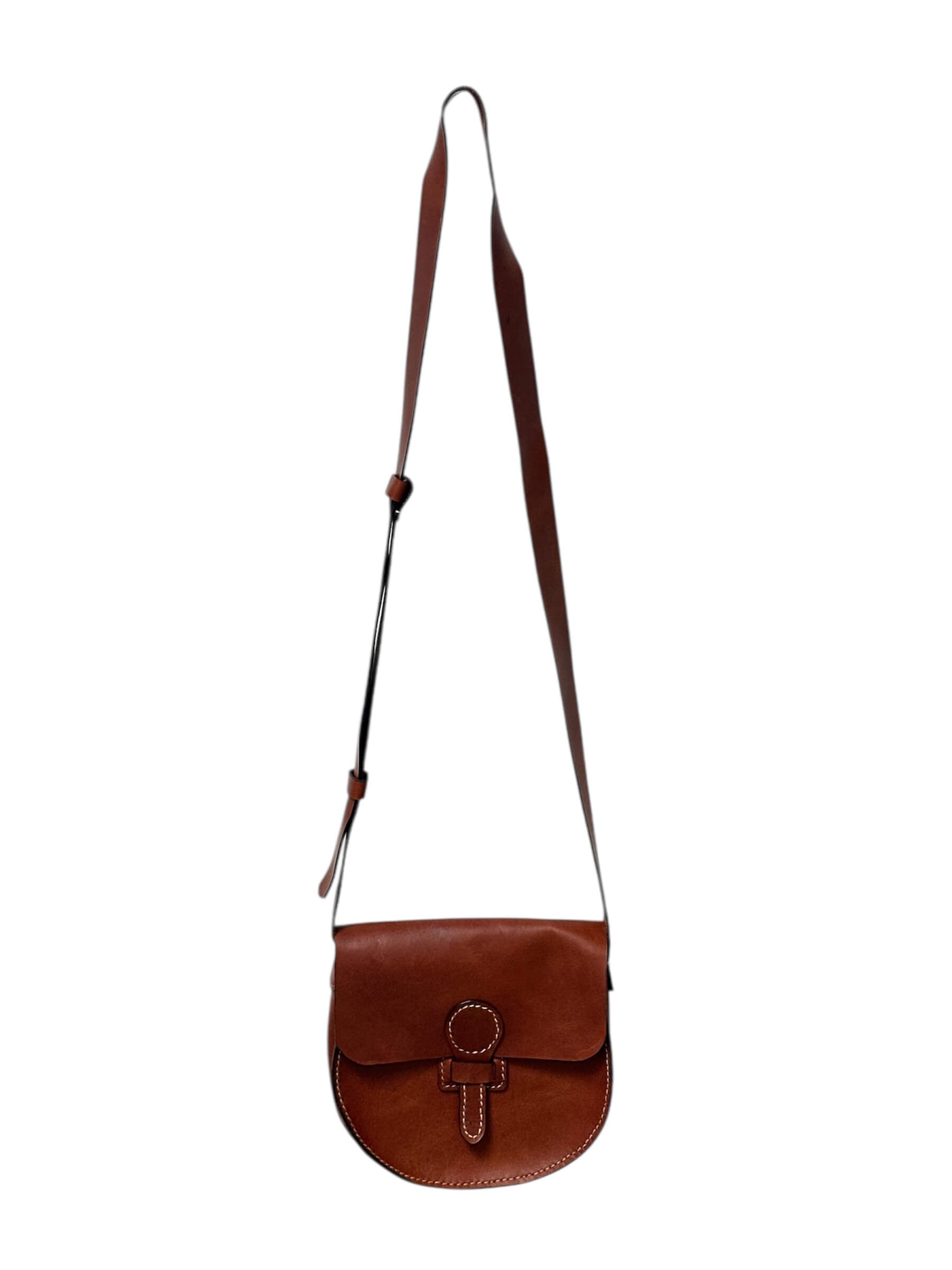 Brown leather crossbody on a white background.