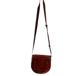 Brown leather crossbody bag on a white background.