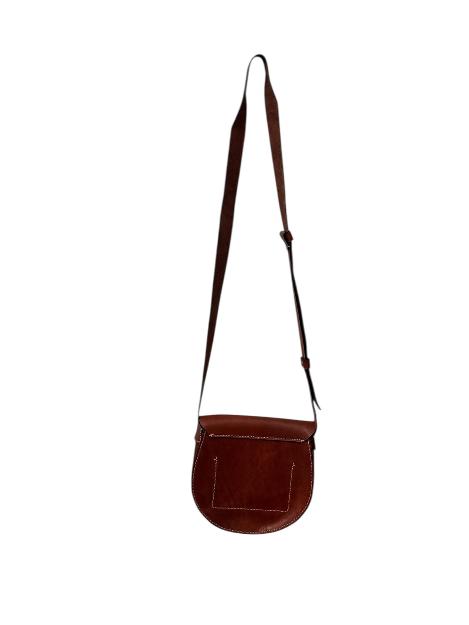 Brown leather crossbody bag on a white background.