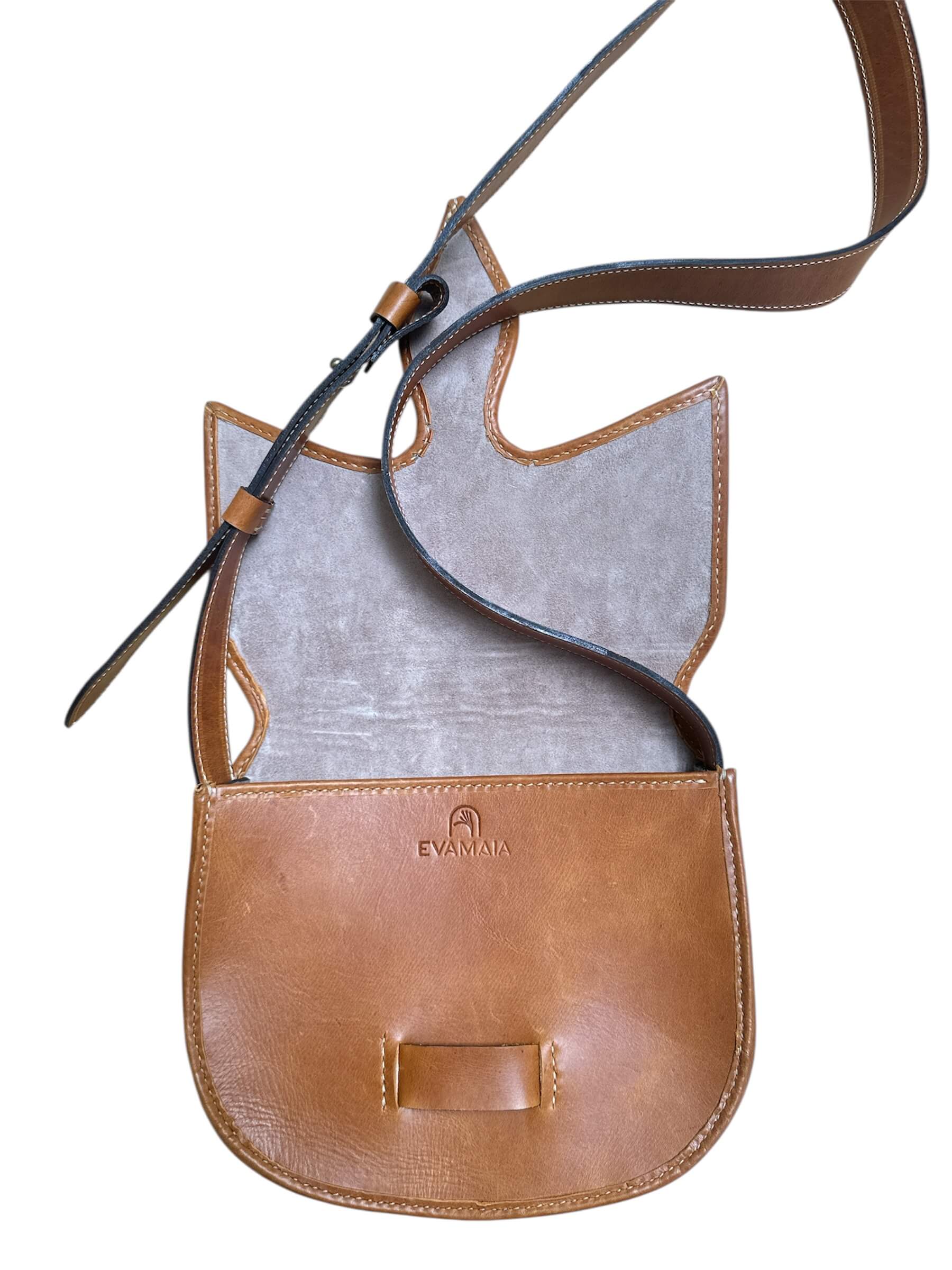 Close-up of a brown leather bag with visible stitching on a white background.