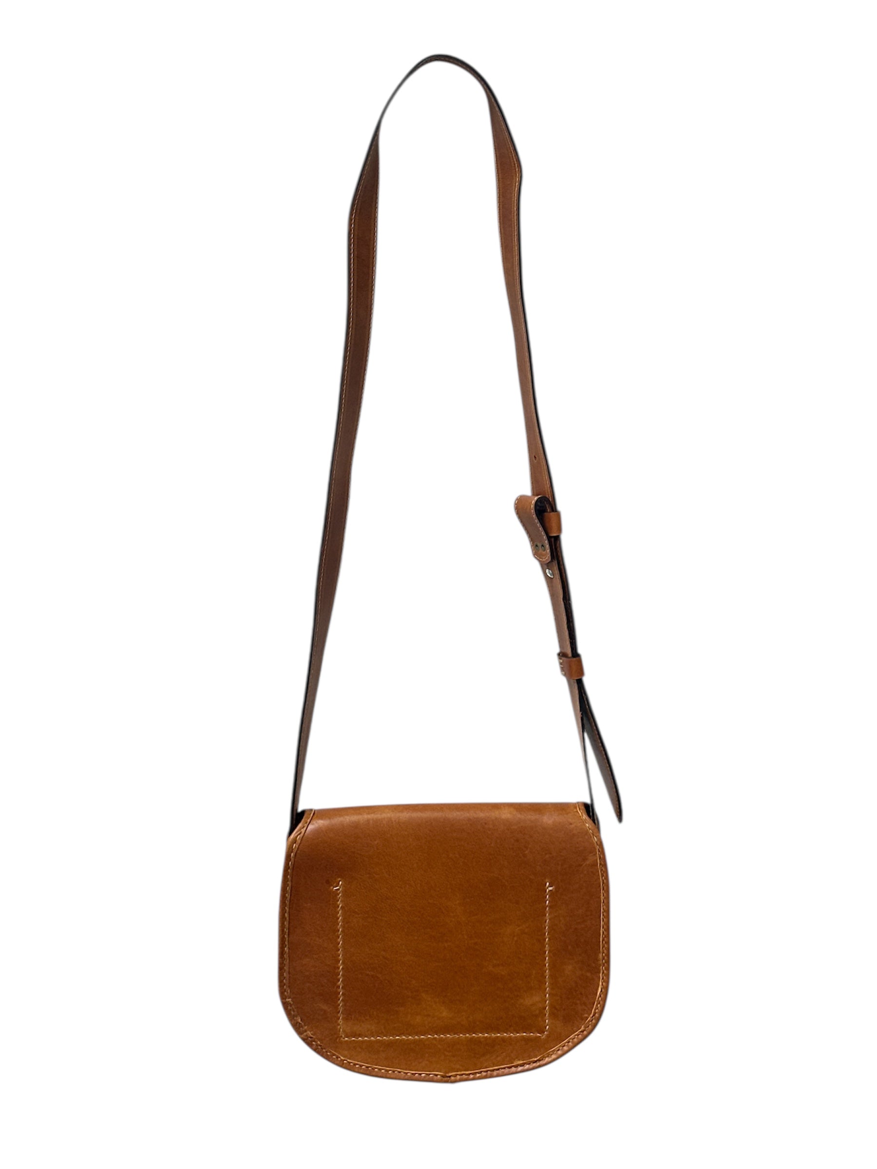 Close-up of a brown leather bag with visible stitching on a white background.