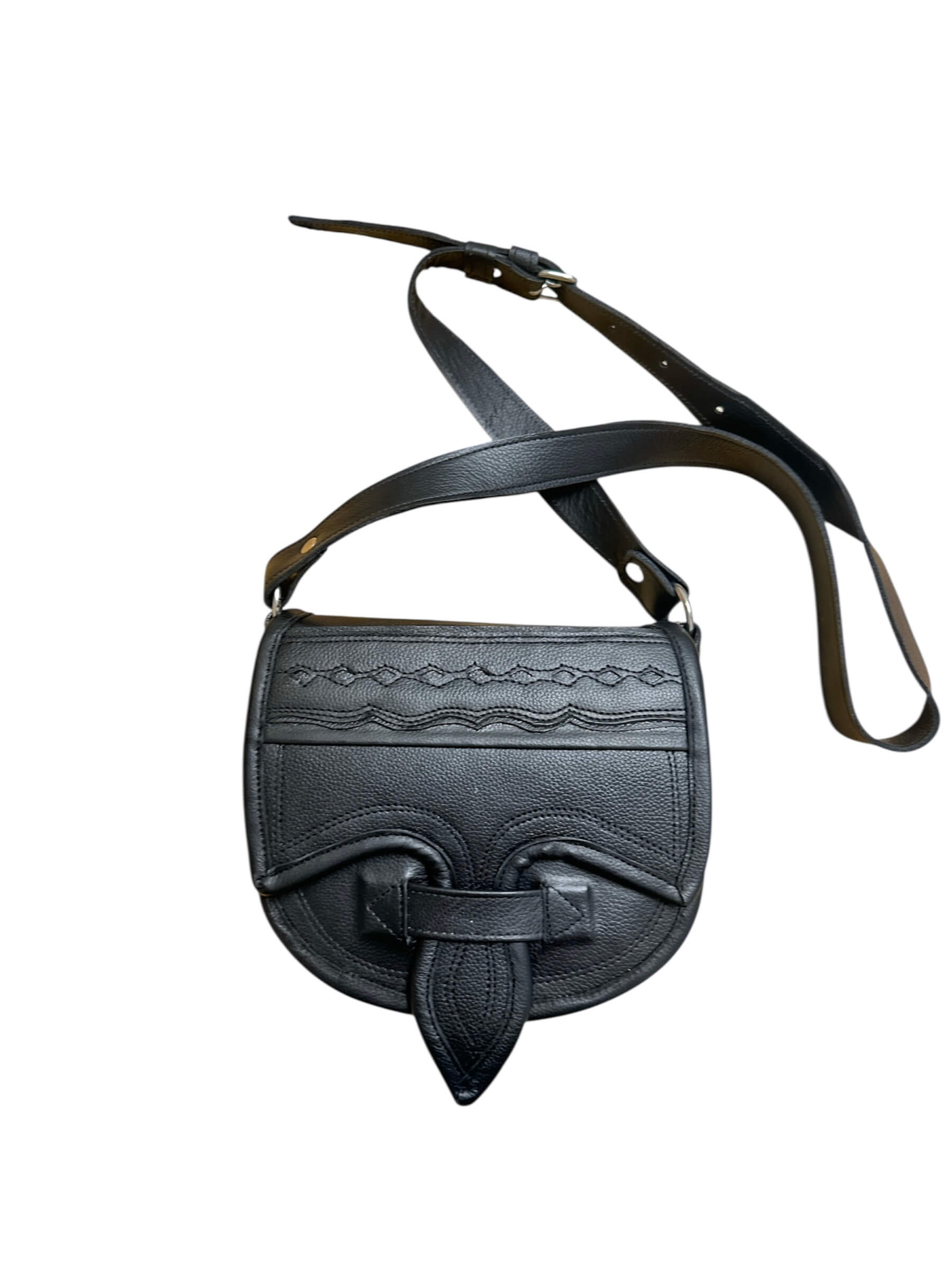 Black leather carriell crossbody bag with decorative patterns on a white background
