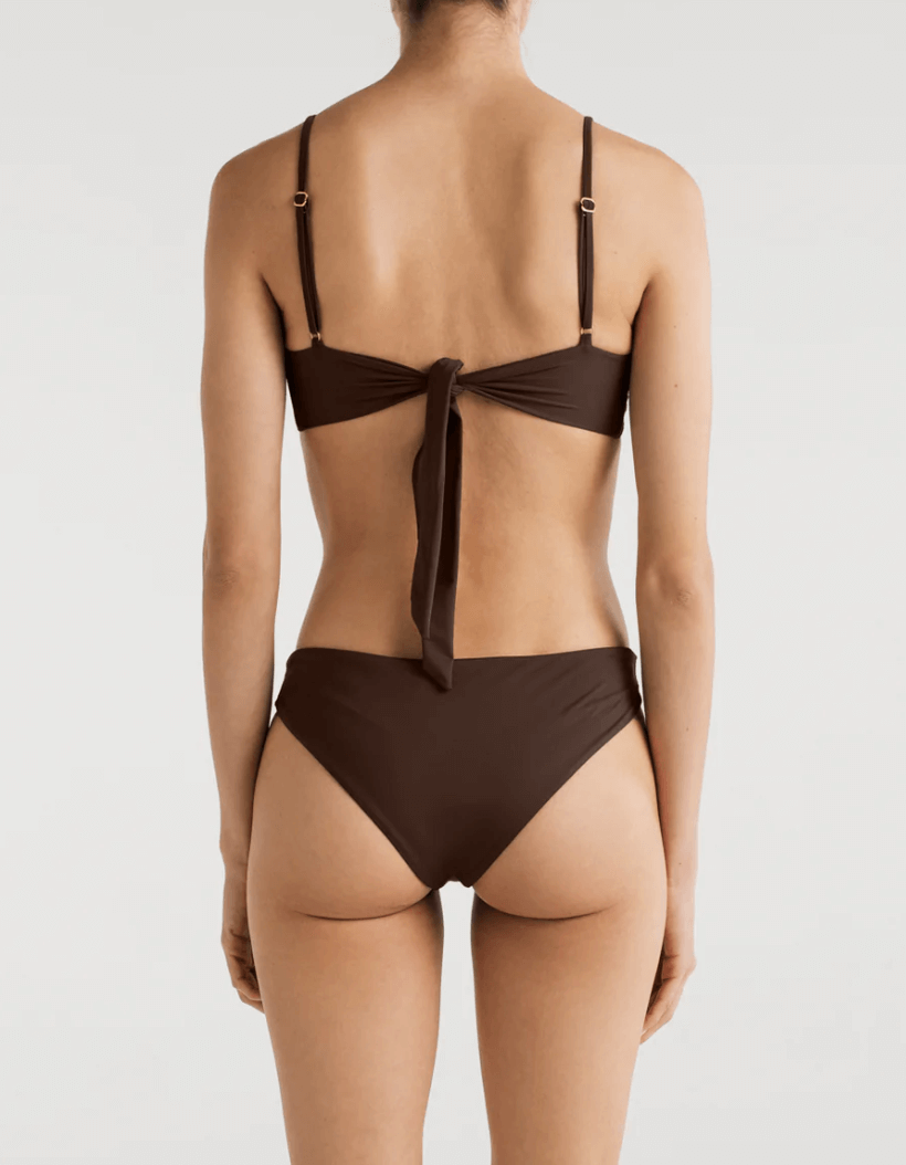 A brown triangle bikini set with a center knot detail, adjustable tie at the back, and removable pads.