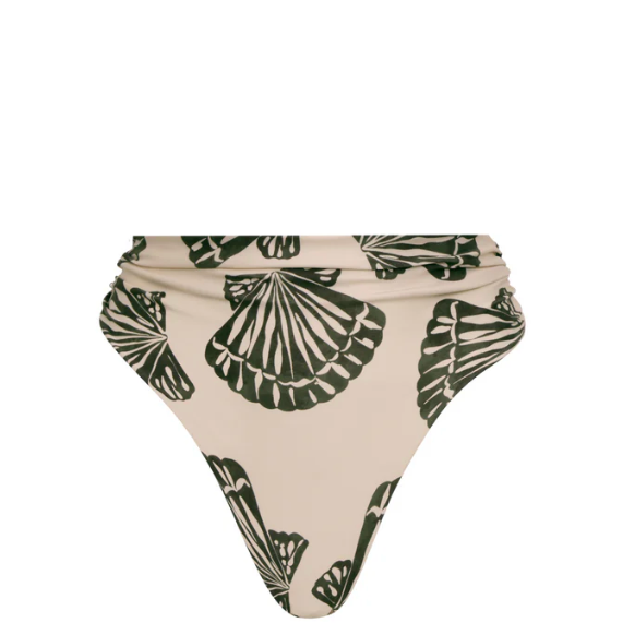 A high-waisted bikini bottom with a shell print, featuring a cheeky bottom.