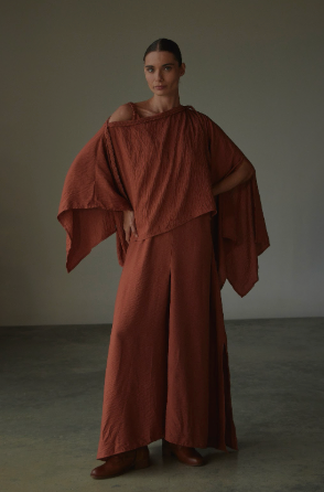 Woman wearing a terracota dress against a plain background.