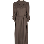 Long brown dress with a belt on a white background