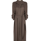 Long brown dress with a belt on a white background