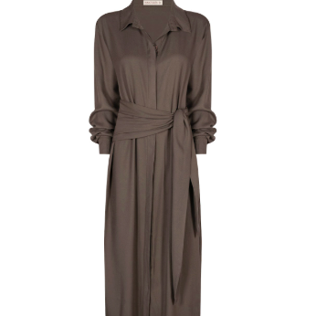 Long brown dress with a belt on a white background