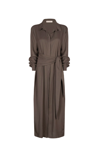 Long brown dress with a belt on a white background