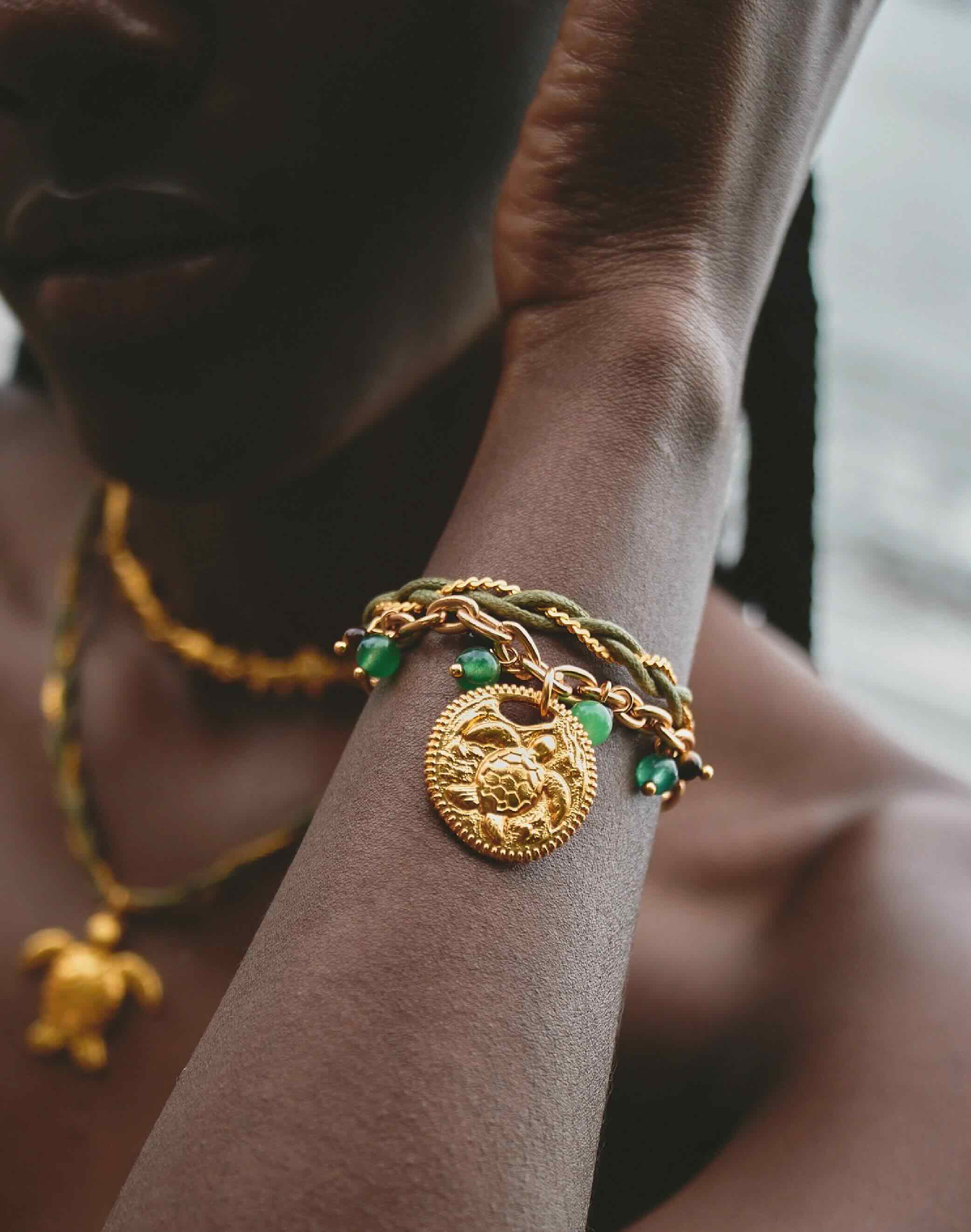 Refugio de Sol bracelet set with fossil jade and cat's eye stones, handmade in Colombia