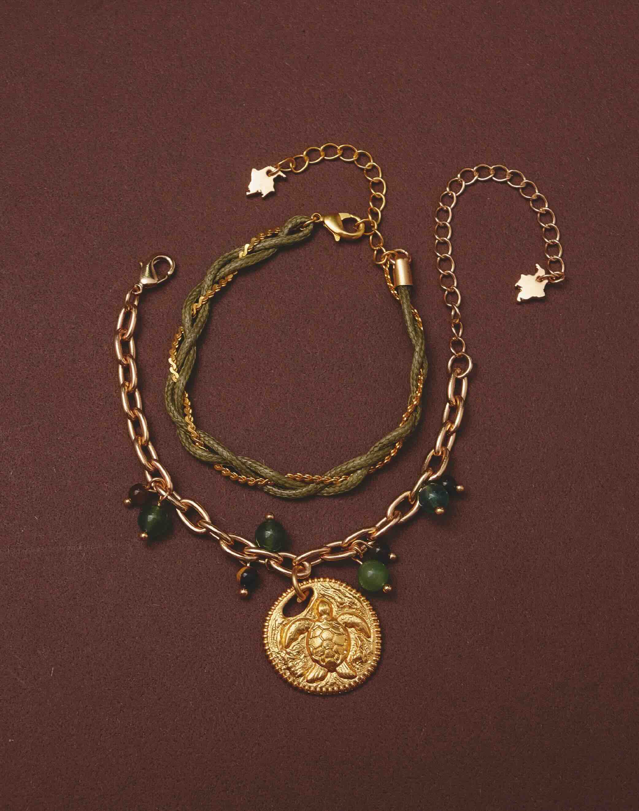 Refugio de Sol bracelet set with fossil jade and cat's eye stones, handmade in Colombia