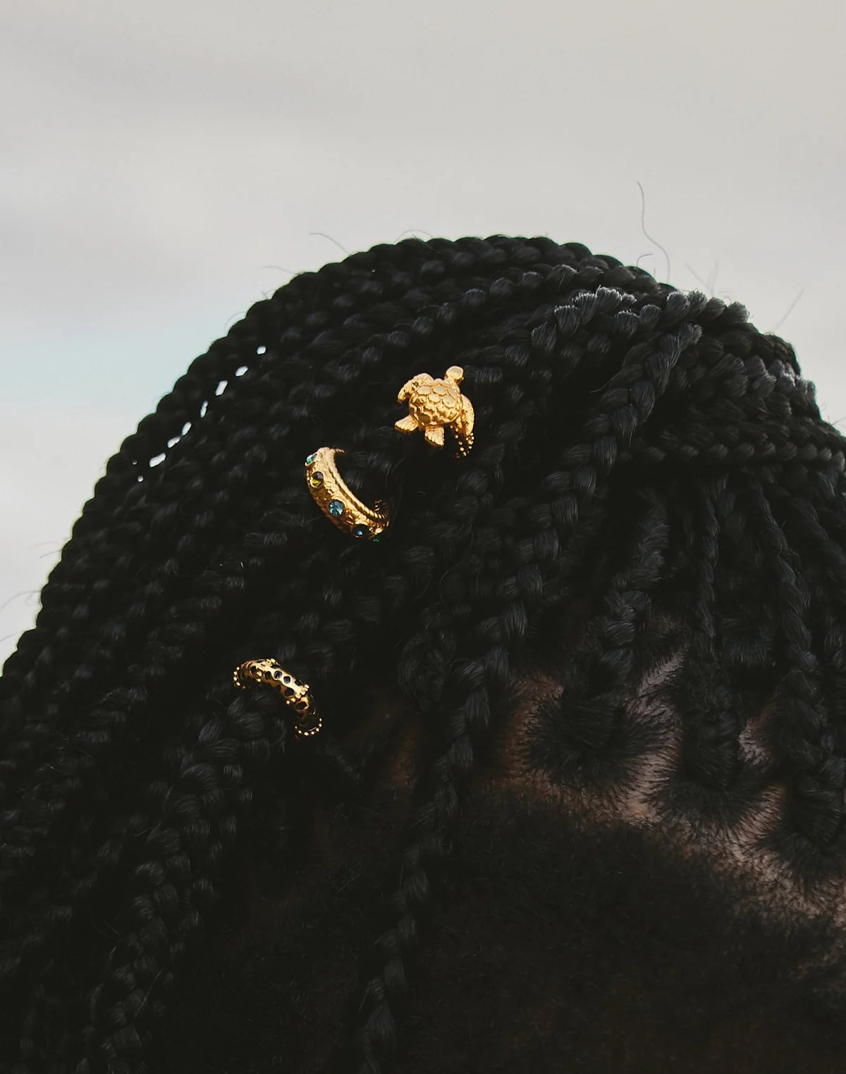 Black knitted box braids with gold turtle brooches on a light gray background