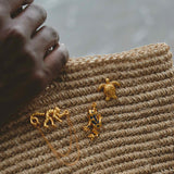 Close-up of a textured surface with gold animal-shaped pins.