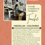 Advertisement for Touché brand with text and photo of a factory in Medellín, Colombia.