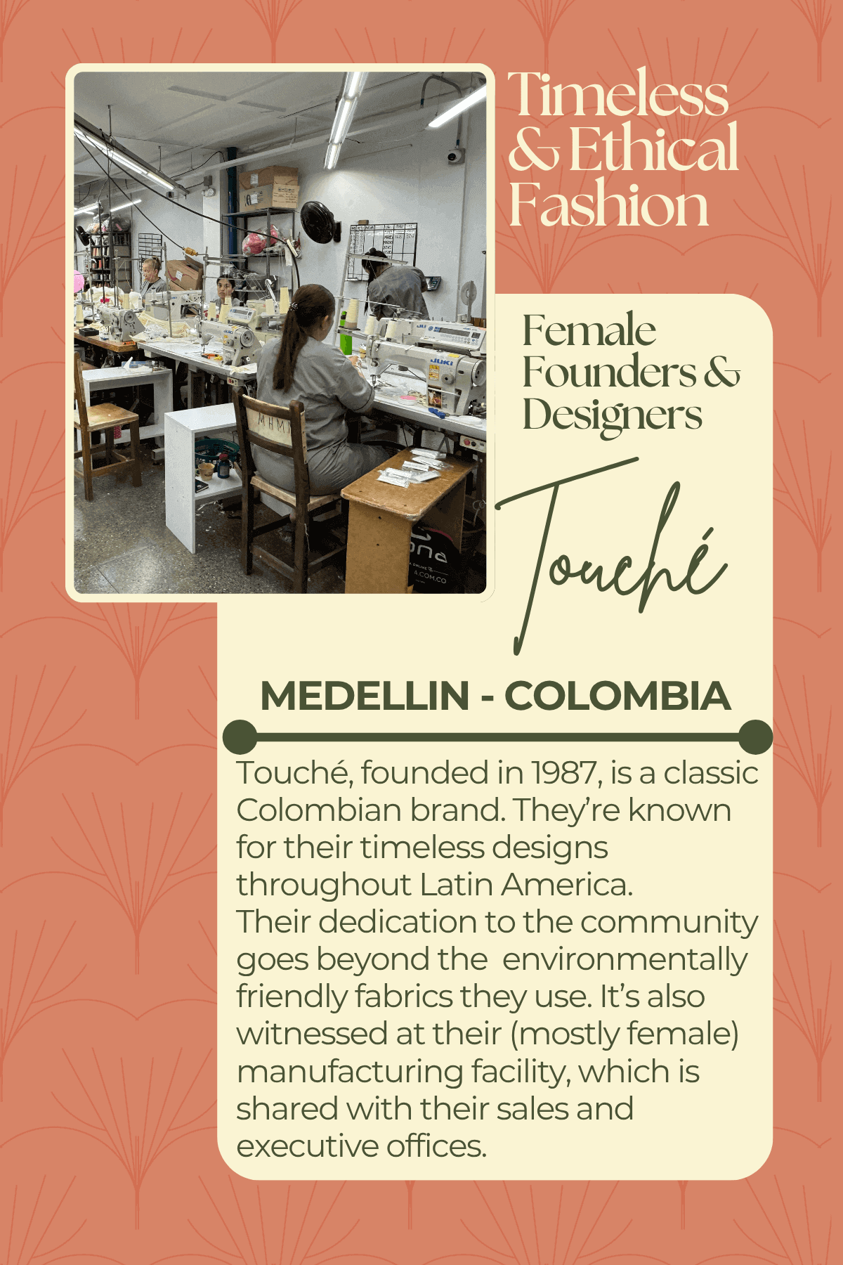 Advertisement for Touché brand with text and photo of a factory in Medellín, Colombia.