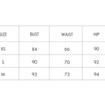 Vorn Design size chart for bust, waist, and hip measurements in centimeters.