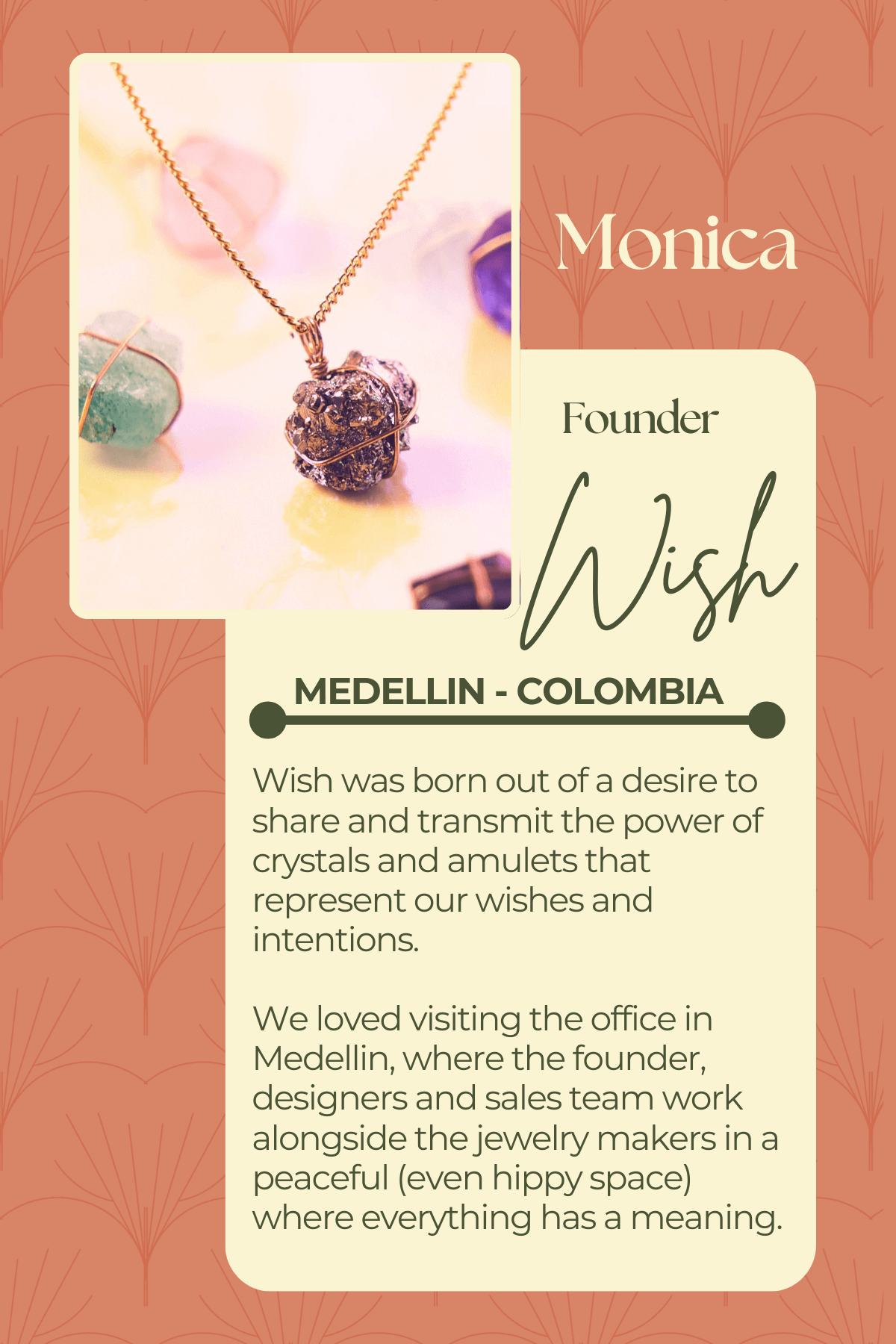 A title card for Monica the founder of Wish jewlery.