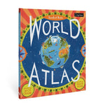 Cover of the 'Barefoot Books World Atlas' featuring an illustration of the Earth surrounded by colorful designs and the names of the continents.