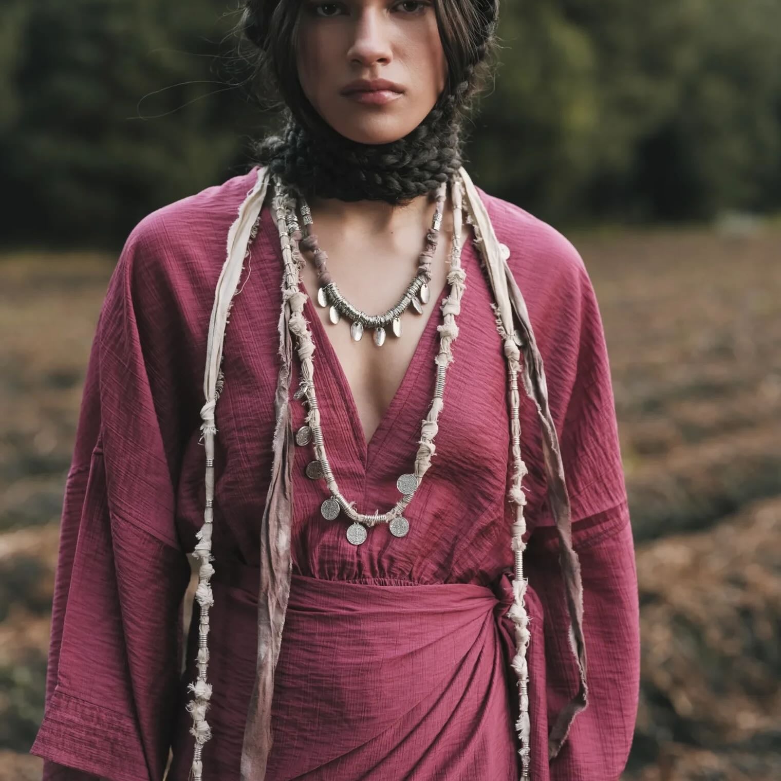 Woman in a burgundy dress with layered necklaces standing outdoors.