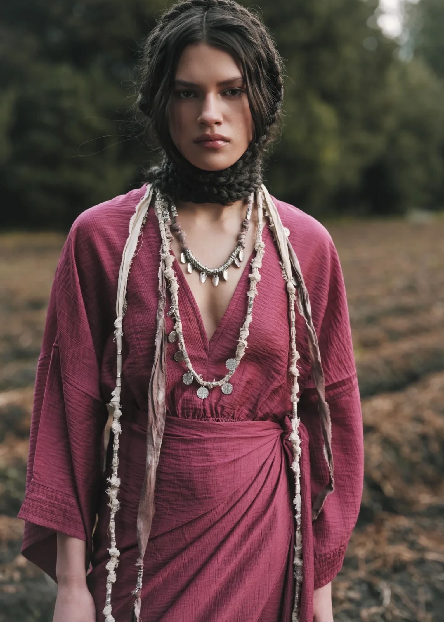 Woman in a burgundy dress with layered necklaces standing outdoors.
