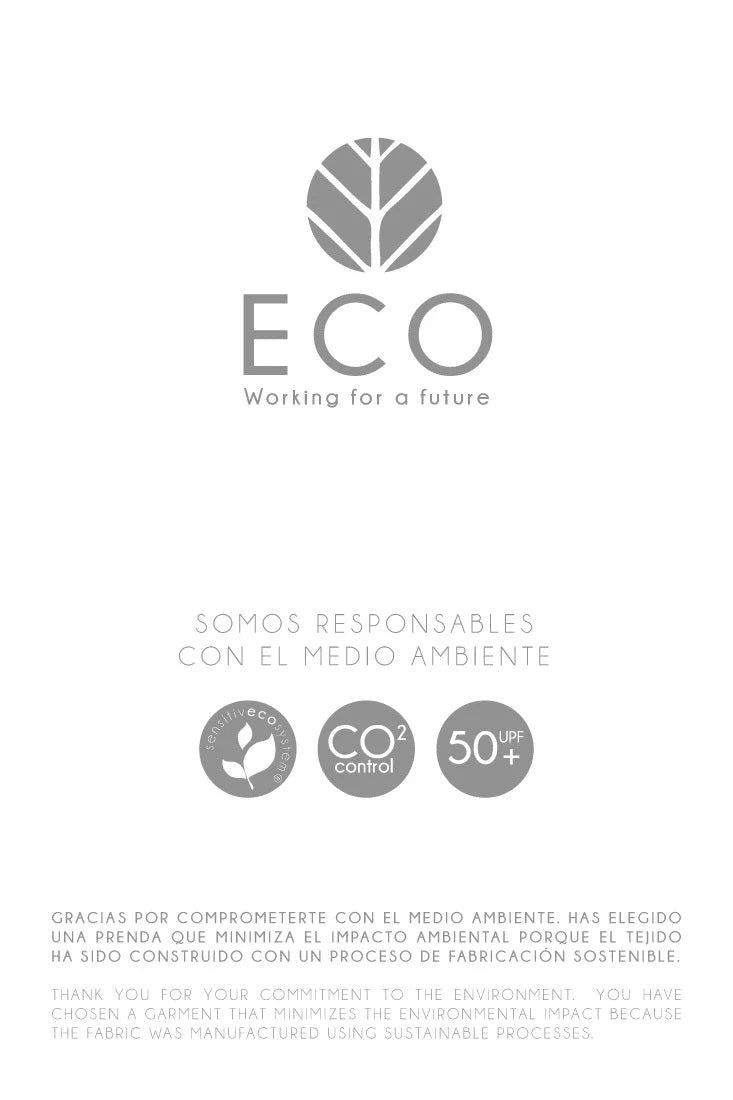 Image of a poster by Touche Collection showing that the bikinis they produced here were made with a Sustainable fabric that reduce the environmental impact during production.