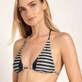 Close-up image of a model wearing a bikini with blue and white stripes. She's against a white background. The purpose of this image is to show the bikini.